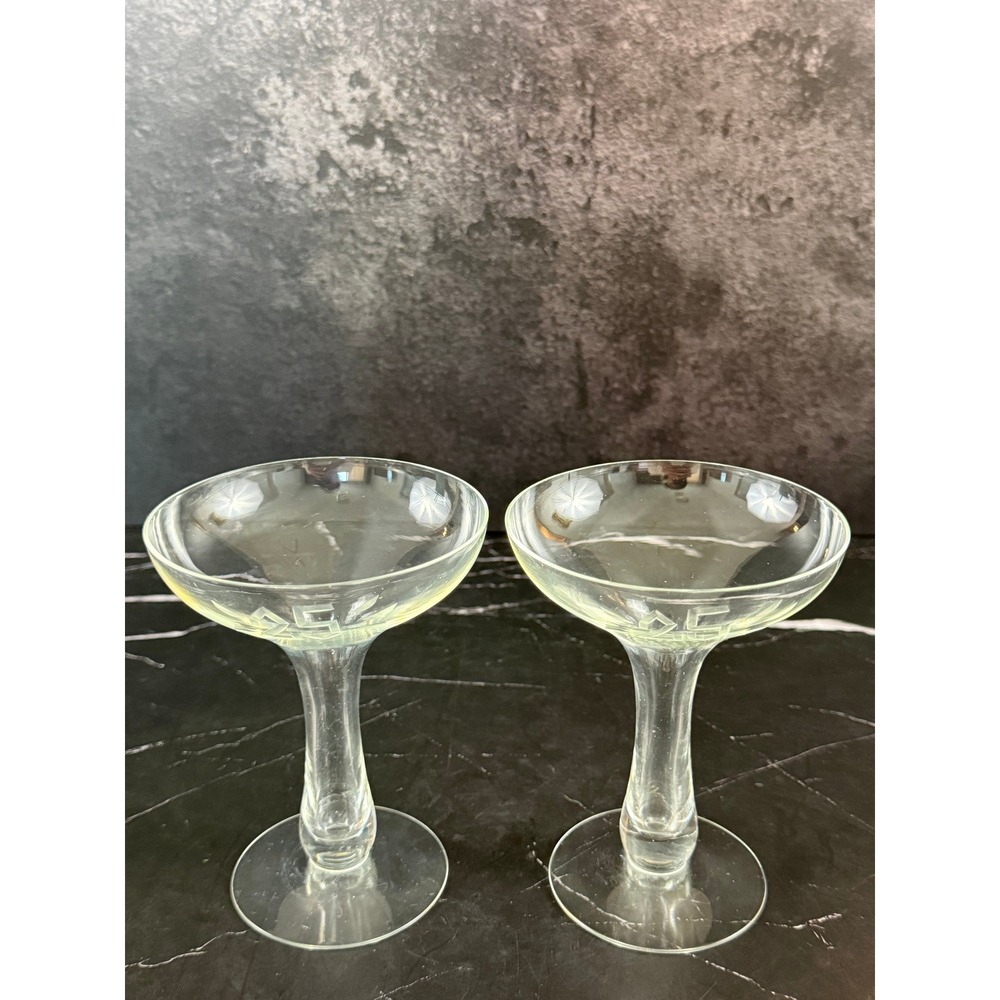 VTG PAIR (2) 25th Anniversary Etched Mid-Century Hollow Stem Champagne Coupes
